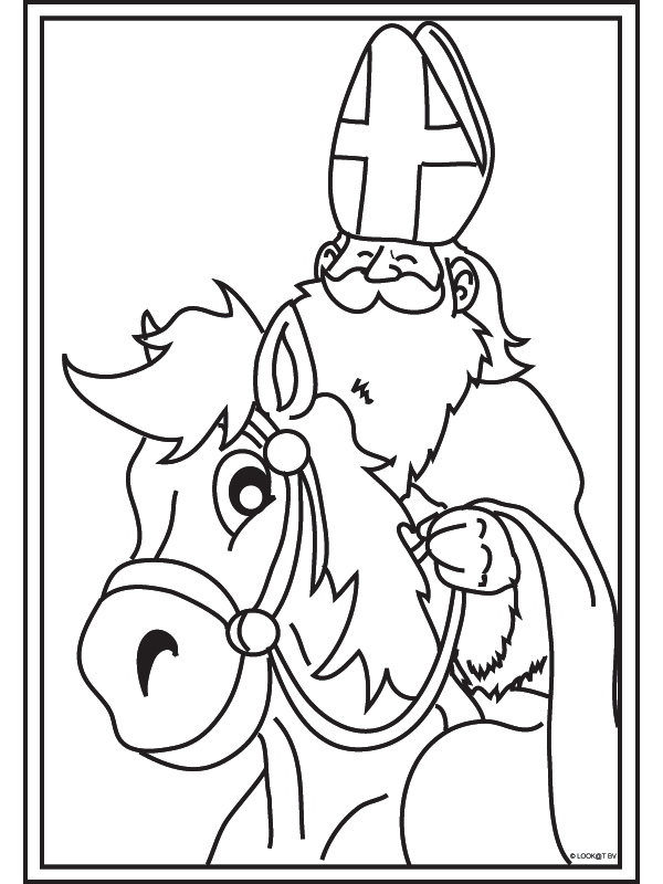 Kleurplaat Sinterklaas op zijn schimmel Kleurplaten.nl
